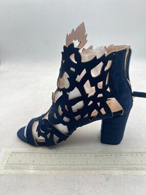 Navy Chunky High Heel Sandals Open Toe Cutout Back Zipper Office Strappy Shoes